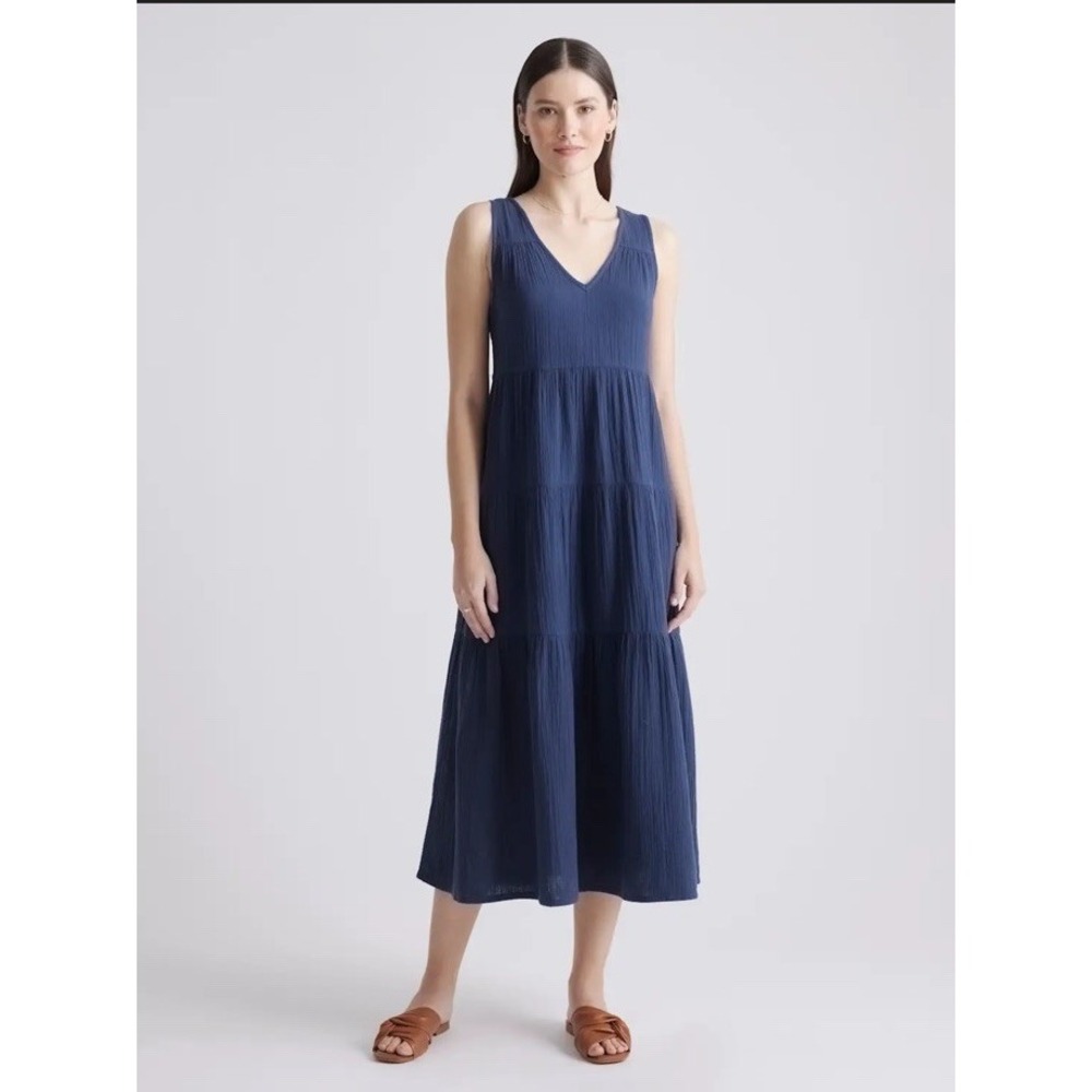Quince NWT Organic Cotton Gauze Tiered Maxi Dress Indigo Blue Size M